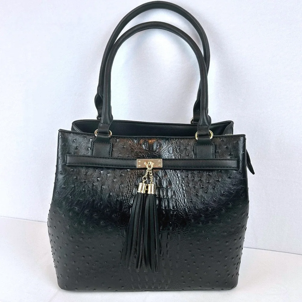 Black faux Ostrich/Croc Embossed Satchel Handbag w/ Tassel &‎ Matching Pouch Set
